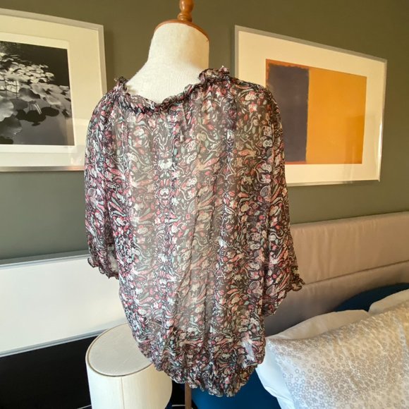 - Ella Moss Loose Floral 100% Silk Blouse Ruffled Neckline & Hem SMALL   - K918 - Picture 5 of 10